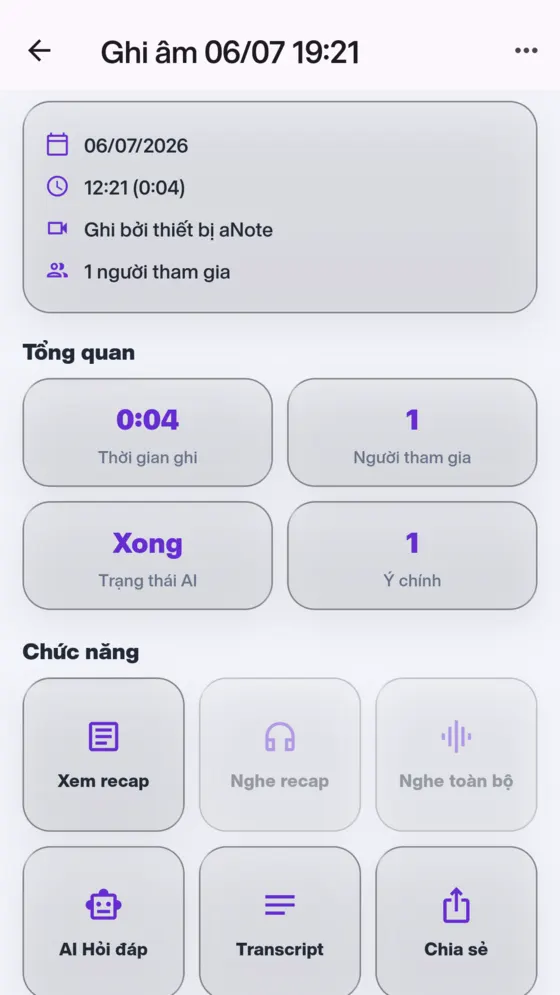 Chi tiết bản ghi với các nút xem recap, transcript, hỏi đáp AI và chia sẻ